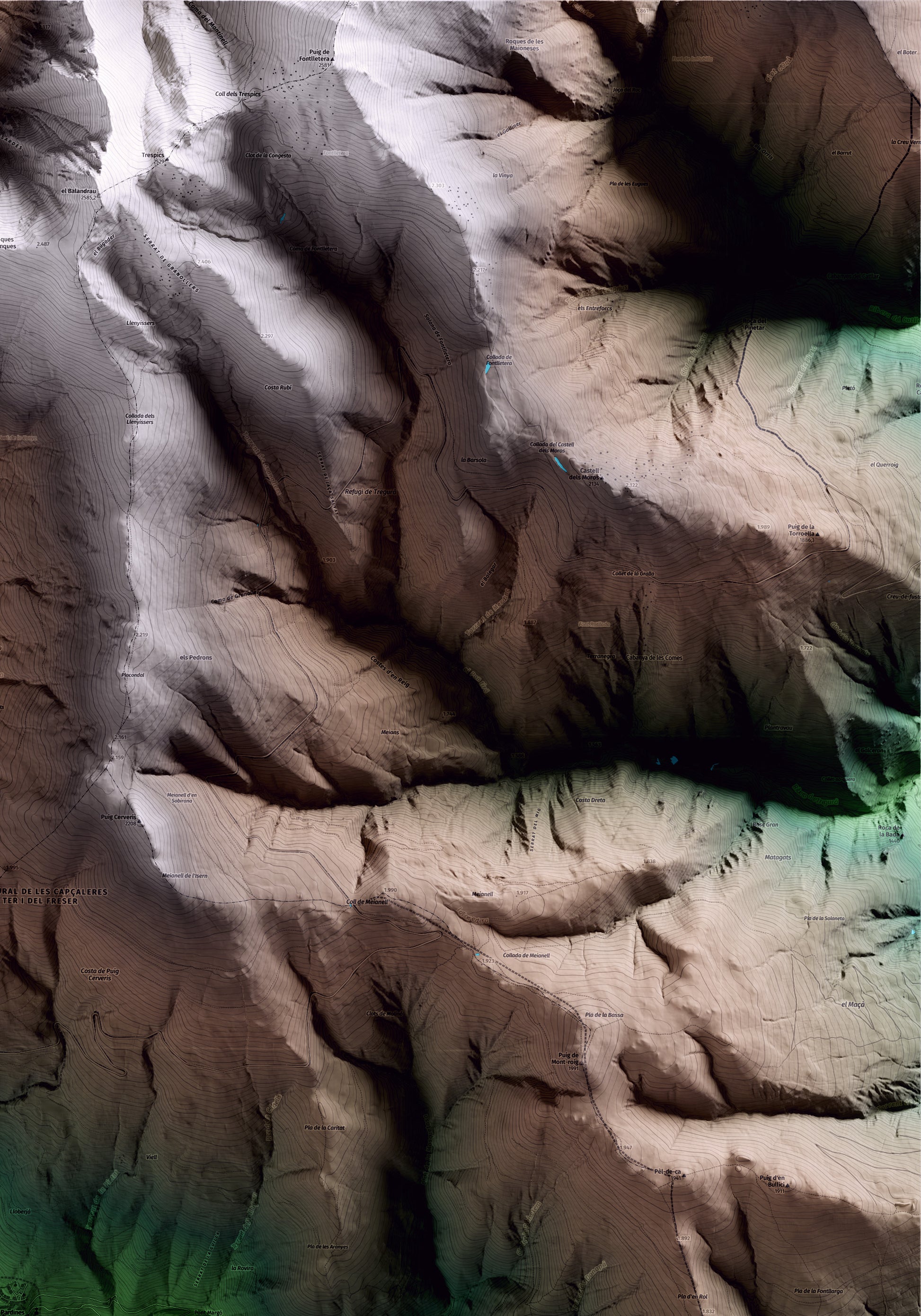 Mapa artístico del relieve de Pardines, al Ripollès, con 15 km de entorno y base topográfica ICGC. Detalle de la zona superior derecha.