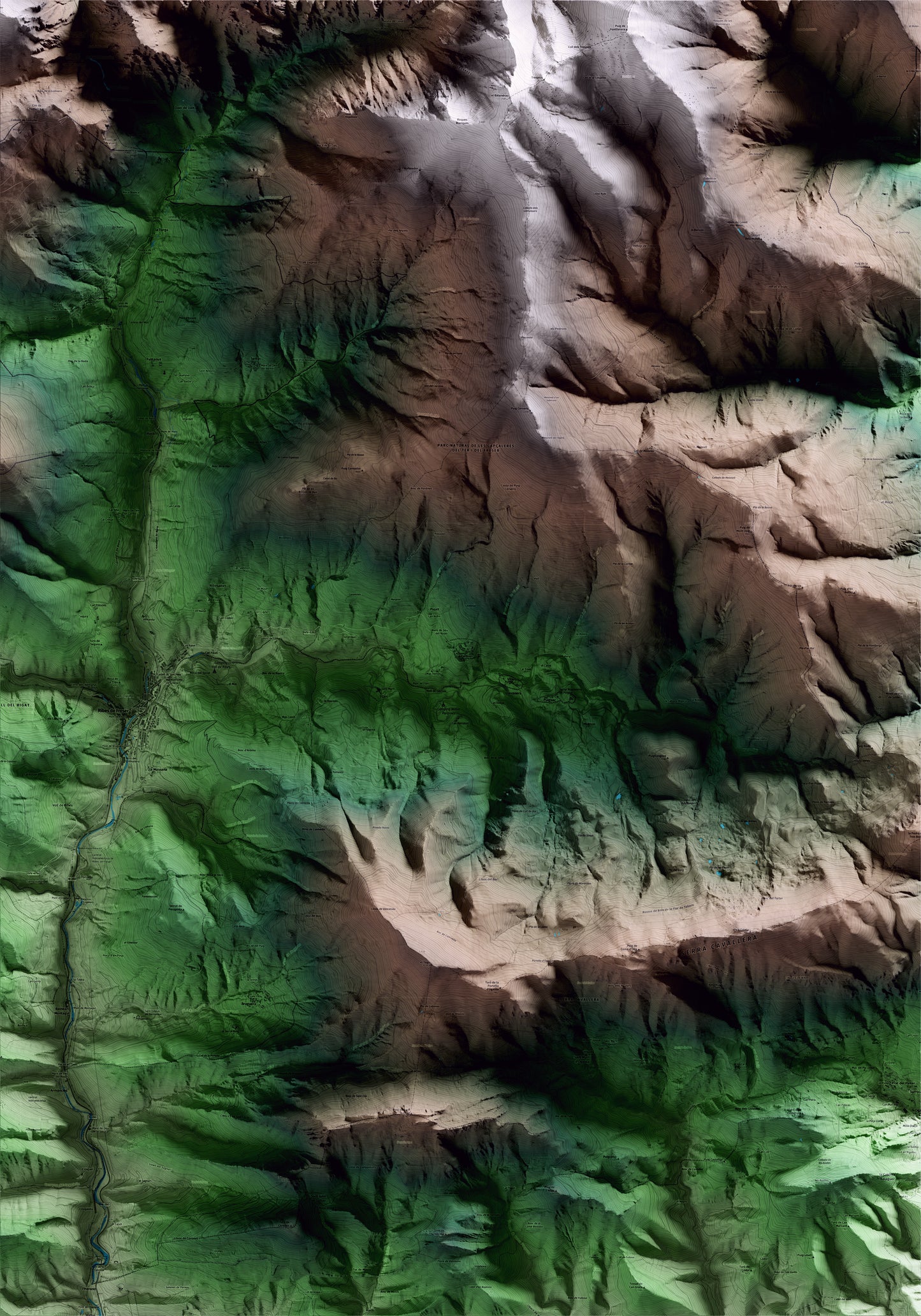Mapa artístico del relieve de Pardines, al Ripollès, con 15 km de entorno y base topográfica ICGC