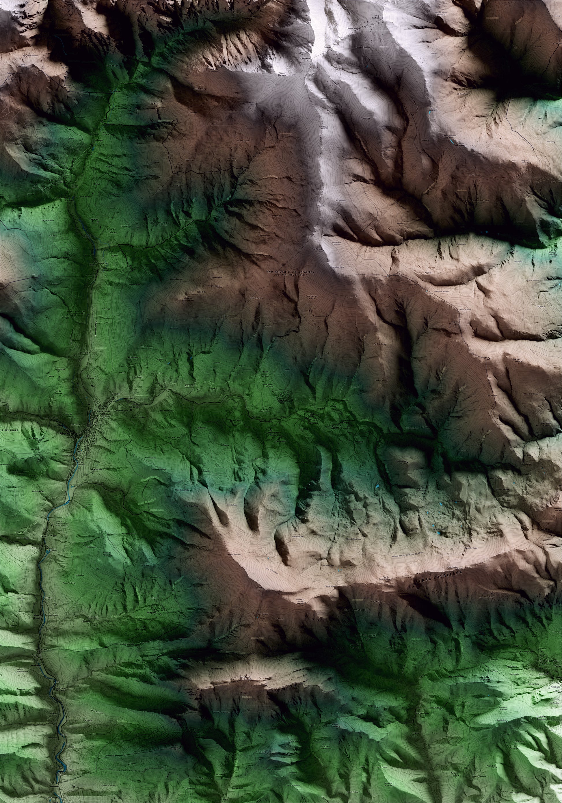 Mapa artístico del relieve de Pardines, al Ripollès, con 15 km de entorno y base topográfica ICGC