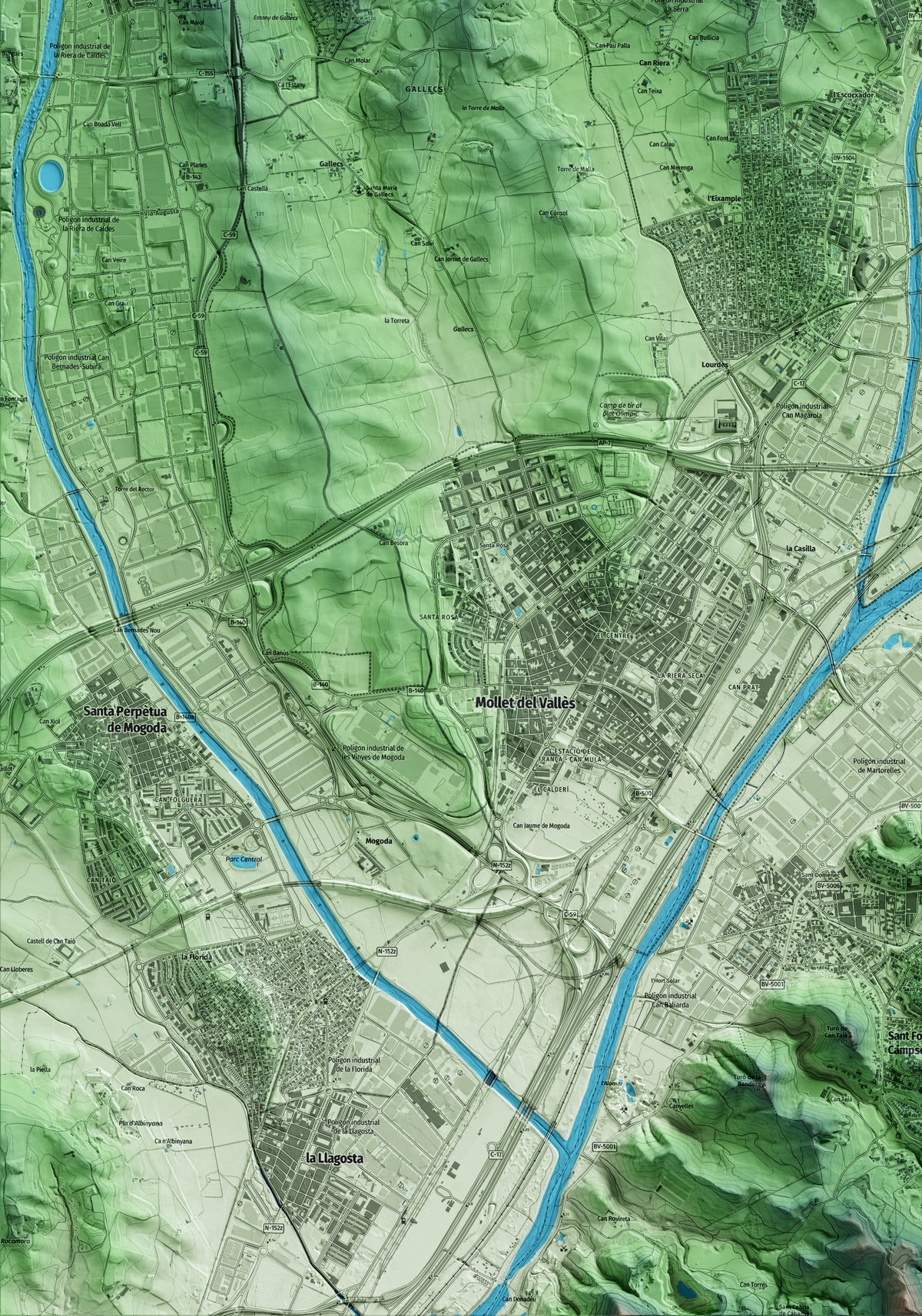 Mapa artístico del relieve de Parets del Vallès, al Vallès Oriental, con 15 km de entorno y base topográfica ICGC. Detalle de la zona inferior izquierda.