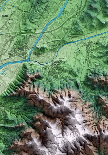 Mapa artístico del relieve de Parets del Vallès, al Vallès Oriental, con 15 km de entorno y base topográfica ICGC. Detalle de la zona inferior derecha.