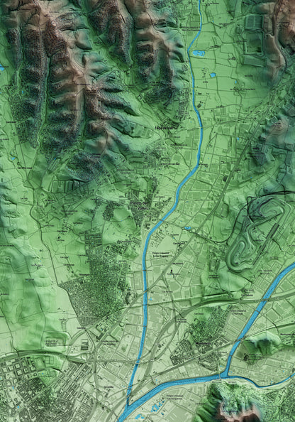 Mapa artístico del relieve de Parets del Vallès, al Vallès Oriental, con 15 km de entorno y base topográfica ICGC. Detalle de la zona central.