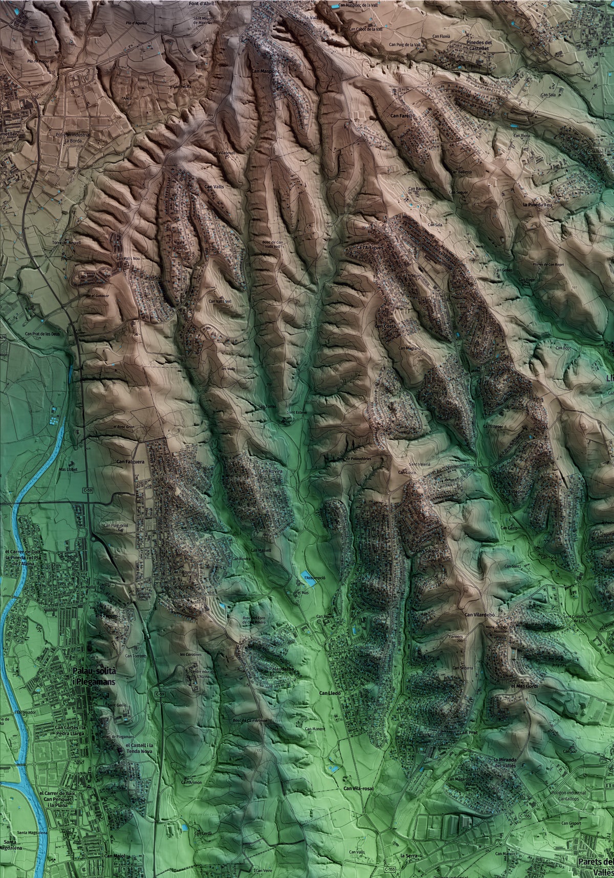 Mapa artístico del relieve de Parets del Vallès, al Vallès Oriental, con 15 km de entorno y base topográfica ICGC. Detalle de la zona superior izquierda.