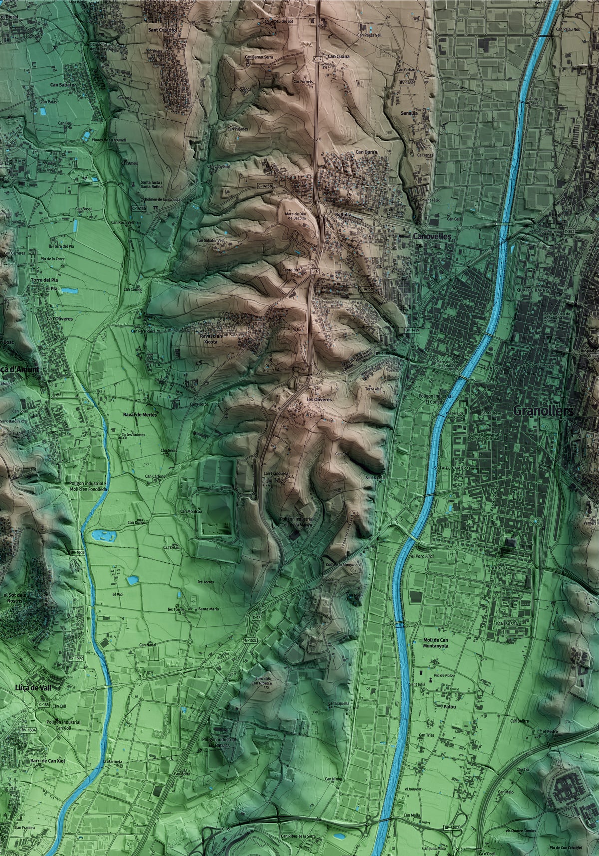 Mapa artístico del relieve de Parets del Vallès, al Vallès Oriental, con 15 km de entorno y base topográfica ICGC. Detalle de la zona superior derecha.