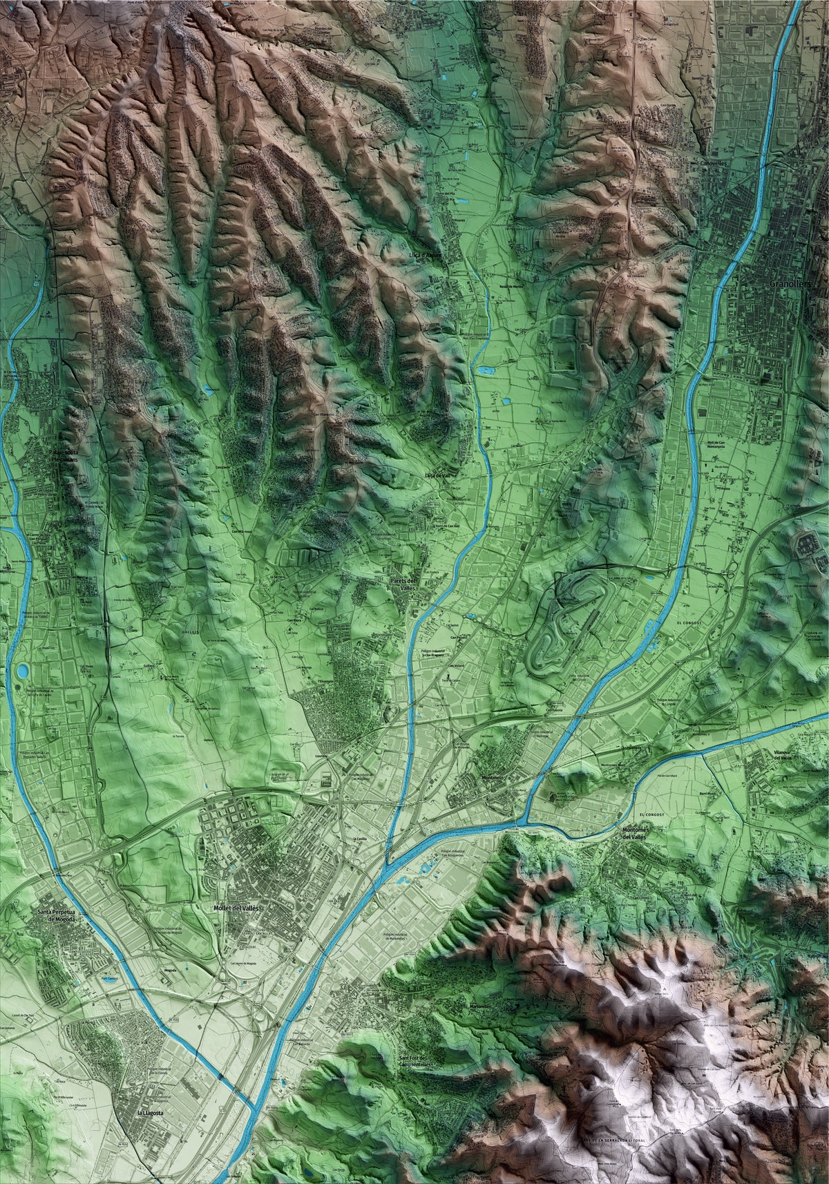 Mapa artístico del relieve de Parets del Vallès, al Vallès Oriental, con 15 km de entorno y base topográfica ICGC