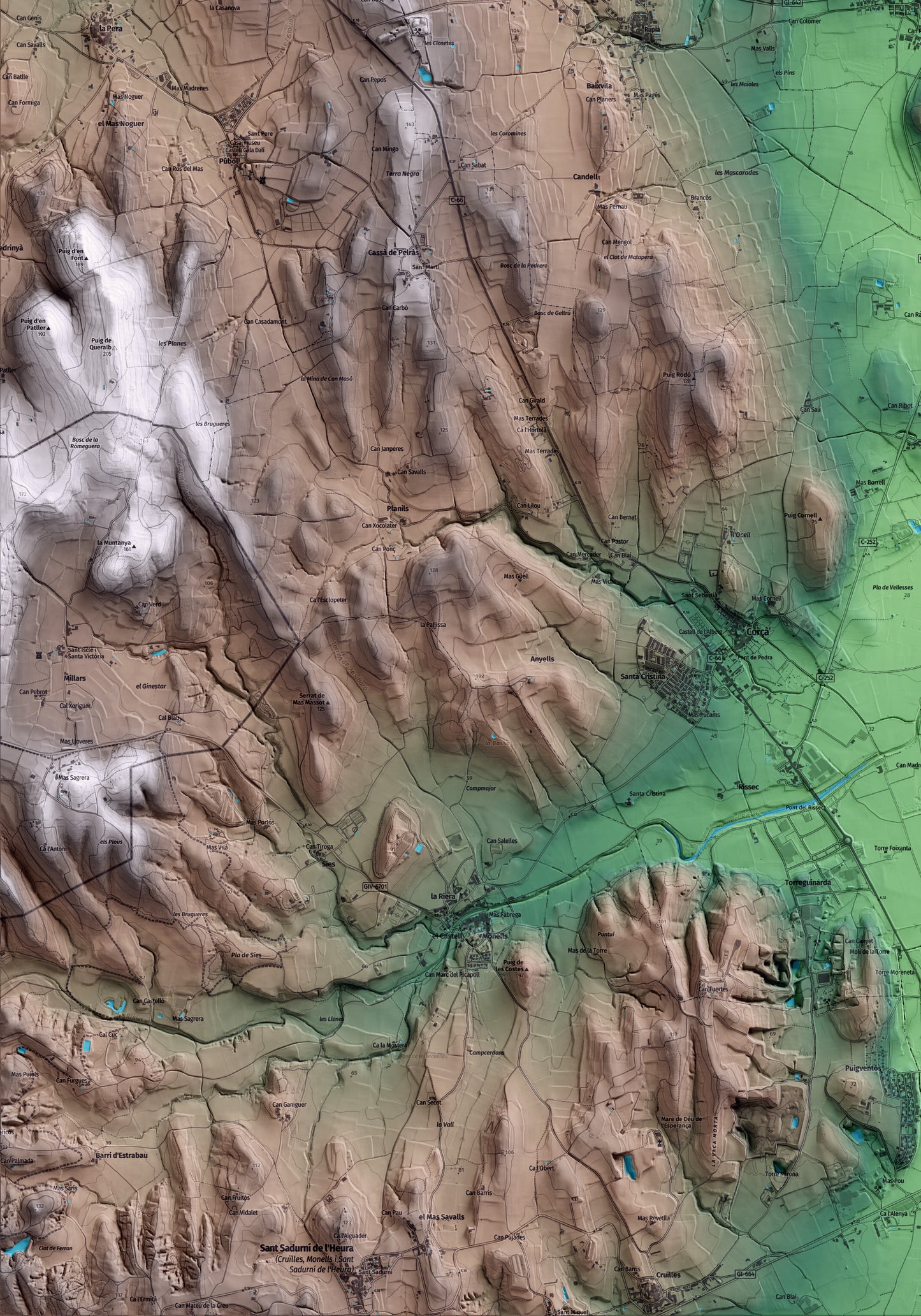 Mapa artístico del relieve de Parlavà, al Baix Empordà, con 15 km de entorno y base topográfica ICGC. Detalle de la zona inferior izquierda.