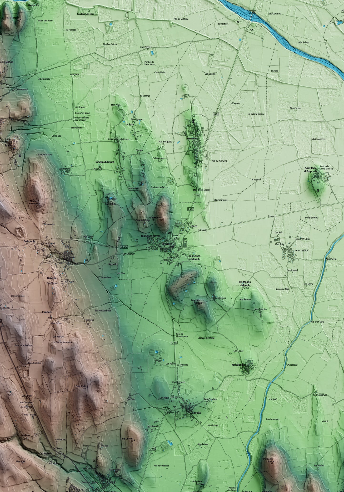 Mapa artístico del relieve de Parlavà, al Baix Empordà, con 15 km de entorno y base topográfica ICGC. Detalle de la zona central.