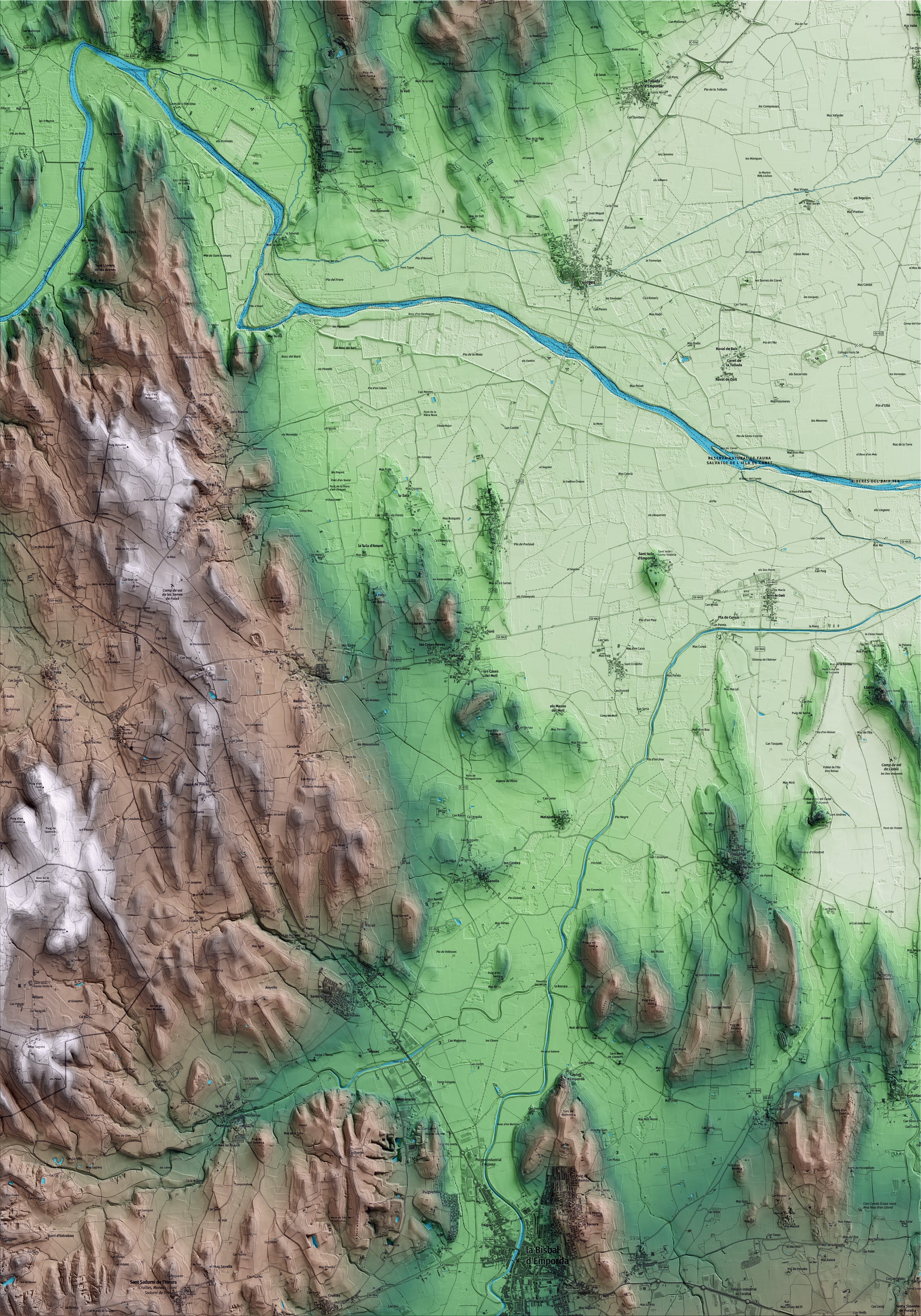 Mapa artístico del relieve de Parlavà, al Baix Empordà, con 15 km de entorno y base topográfica ICGC