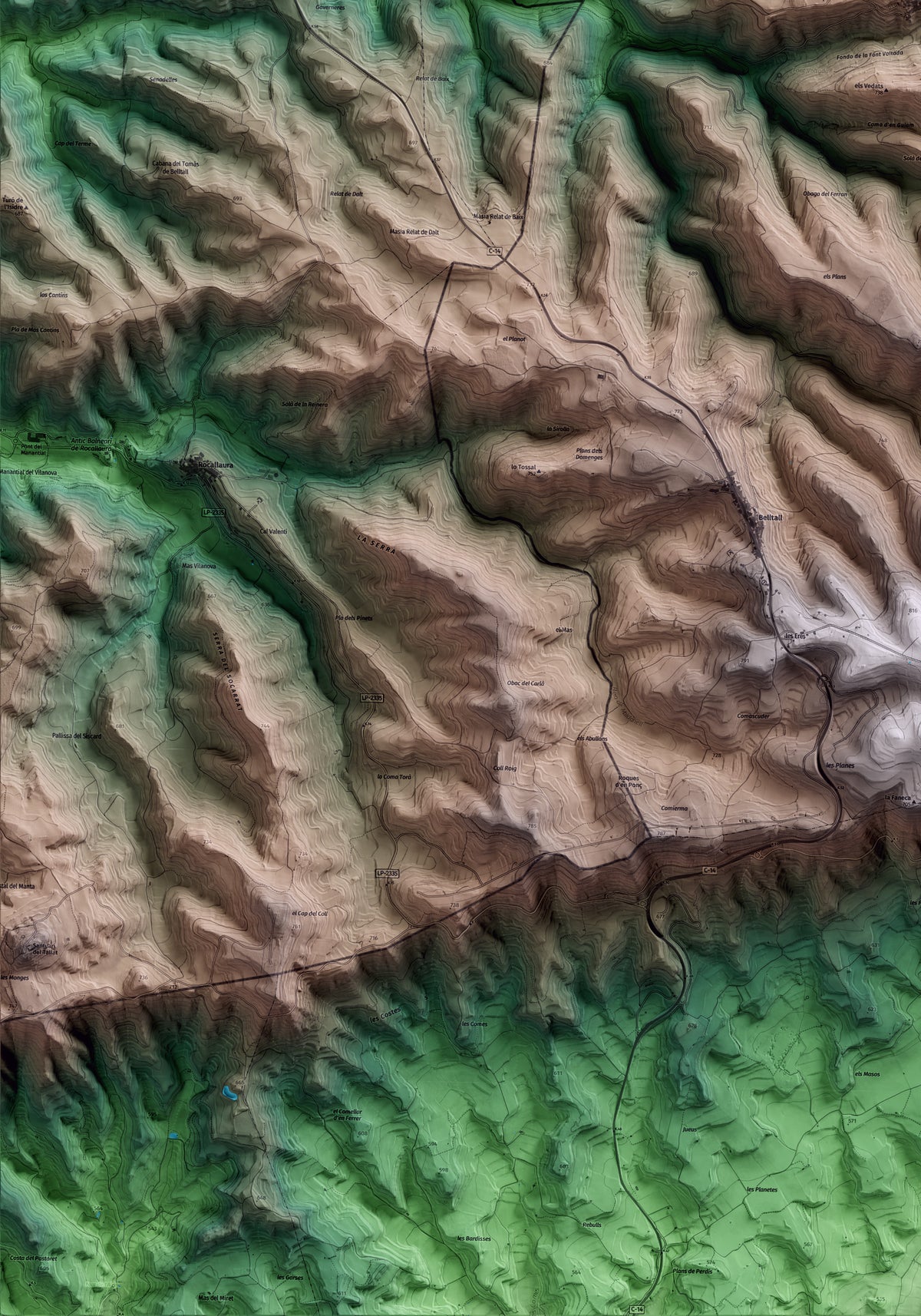 Mapa artístico del relieve de Passanant i Belltall, a la Conca de Barberà, con 15 km de entorno y base topográfica ICGC. Detalle de la zona inferior izquierda.