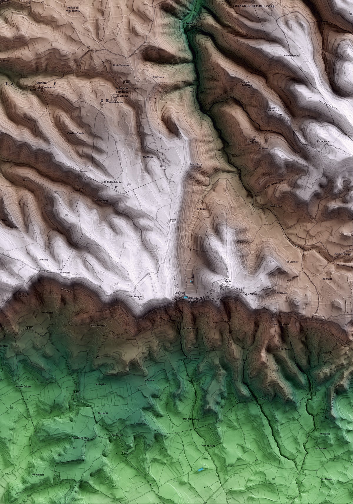 Mapa artístico del relieve de Passanant i Belltall, a la Conca de Barberà, con 15 km de entorno y base topográfica ICGC. Detalle de la zona inferior derecha.