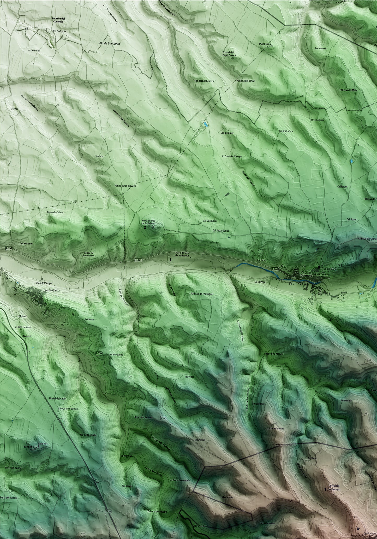 Mapa artístico del relieve de Passanant i Belltall, a la Conca de Barberà, con 15 km de entorno y base topográfica ICGC. Detalle de la zona superior izquierda.