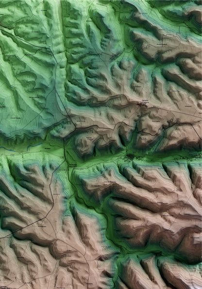 Mapa artístico del relieve de Passanant i Belltall, a la Conca de Barberà, con 15 km de entorno y base topográfica ICGC. Detalle de la zona superior derecha.