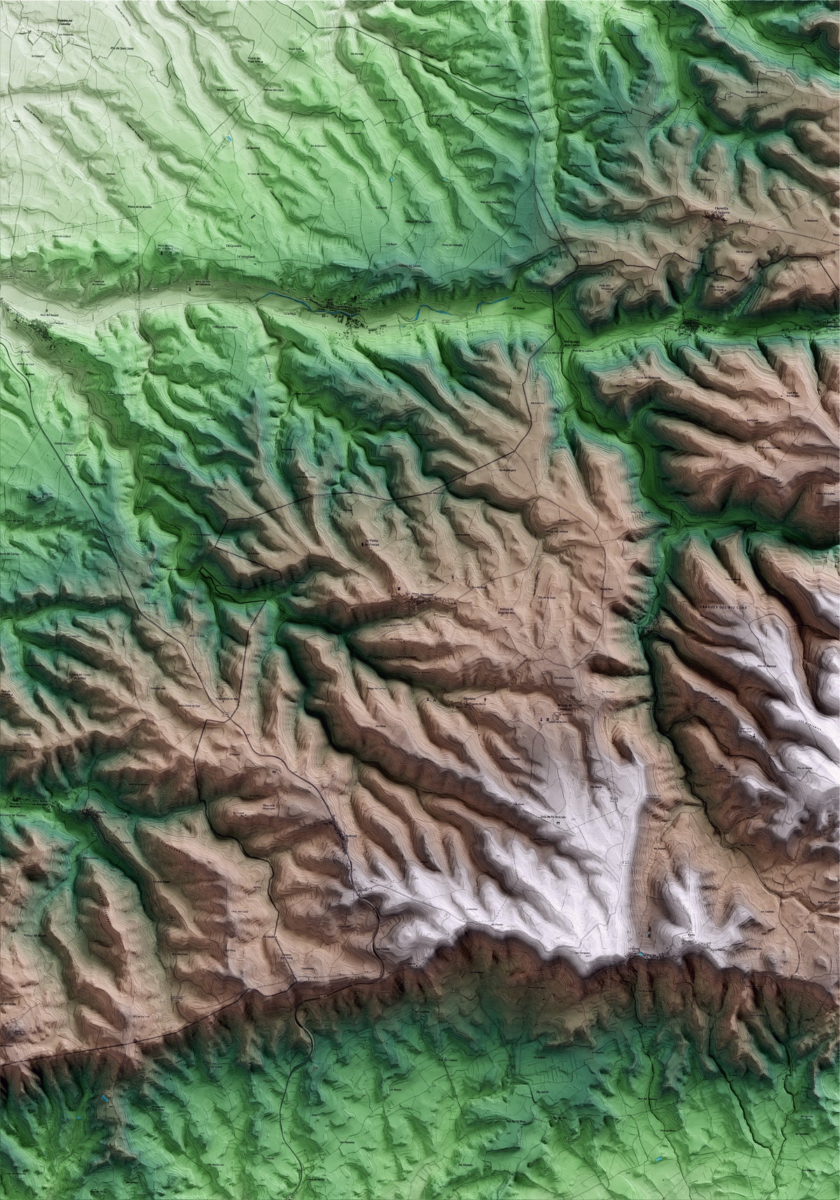 Mapa artístico del relieve de Passanant i Belltall, a la Conca de Barberà, con 15 km de entorno y base topográfica ICGC
