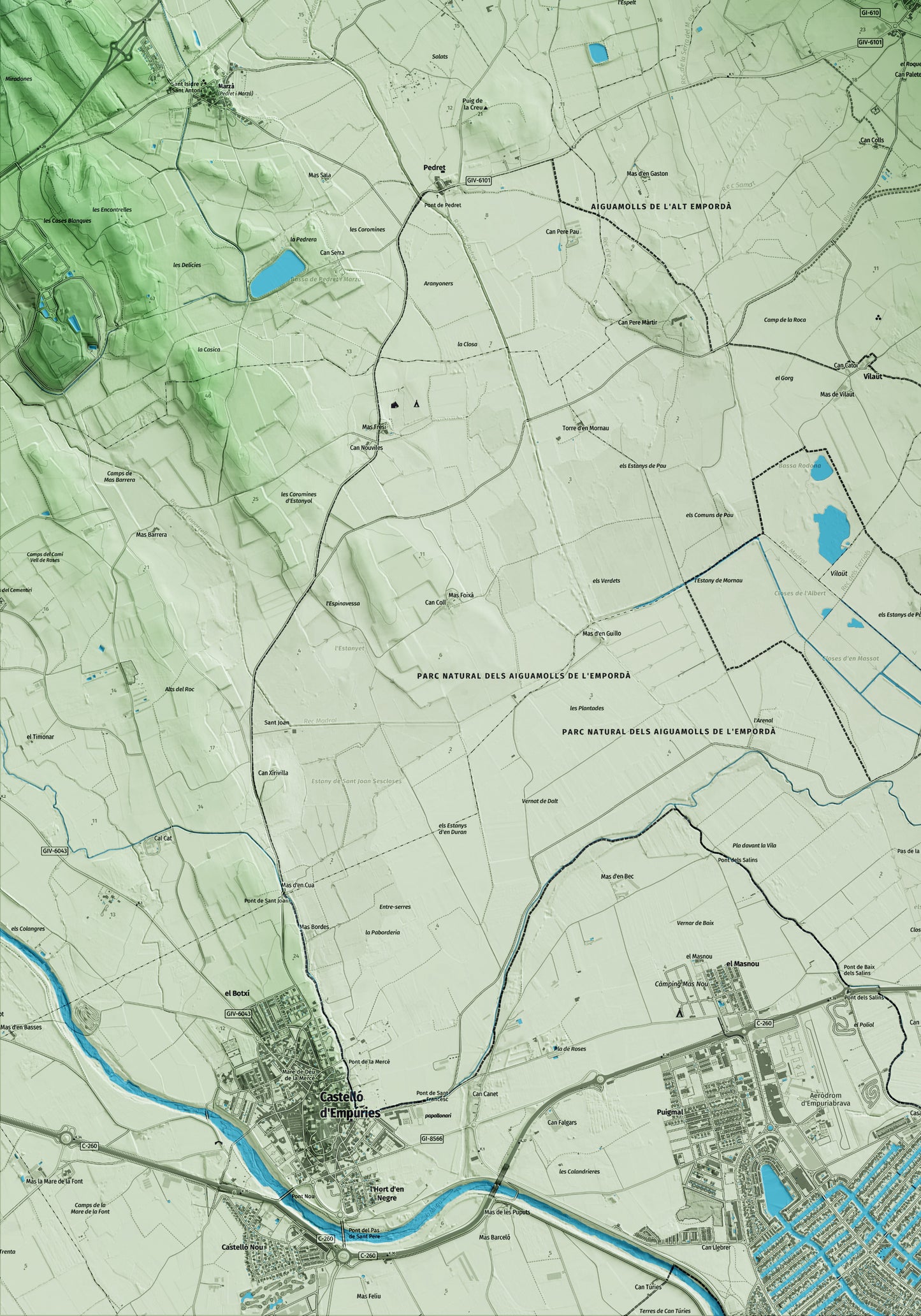Mapa artístico del relieve de Pau, al Alt Empordà, con 15 km de entorno y base topográfica ICGC. Detalle de la zona inferior izquierda.