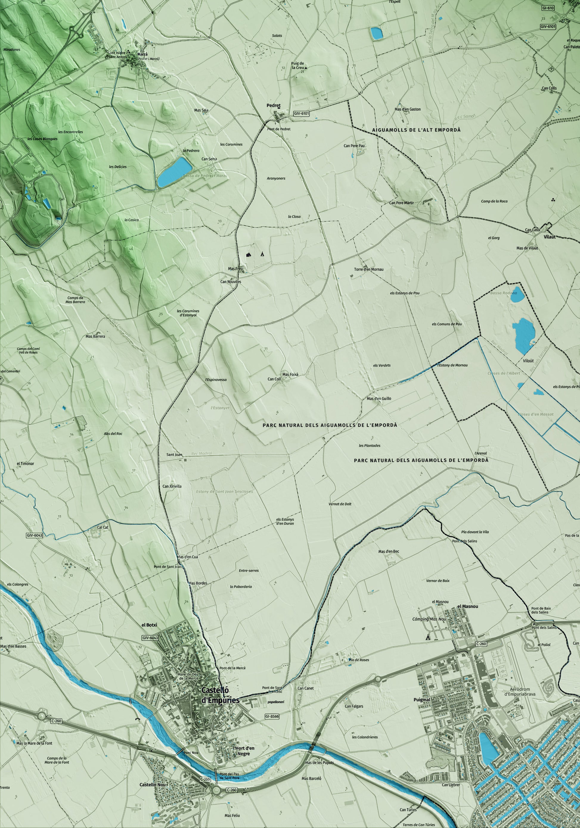 Mapa artístico del relieve de Pau, al Alt Empordà, con 15 km de entorno y base topográfica ICGC. Detalle de la zona inferior izquierda.