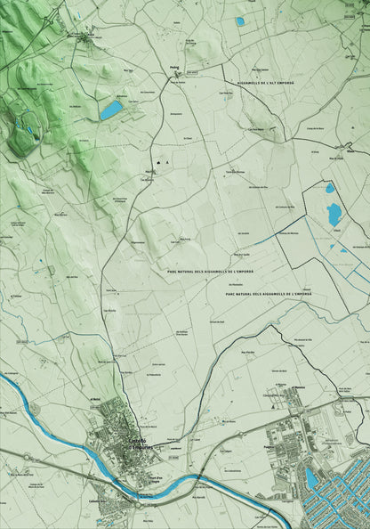 Mapa artístico del relieve de Pau, al Alt Empordà, con 15 km de entorno y base topográfica ICGC. Detalle de la zona inferior izquierda.