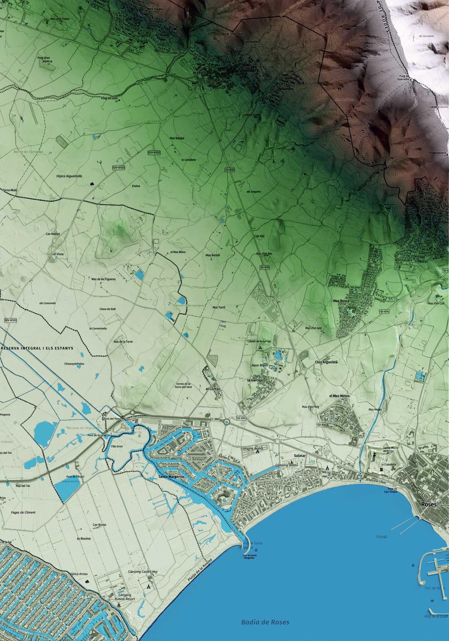 Mapa artístico del relieve de Pau, al Alt Empordà, con 15 km de entorno y base topográfica ICGC. Detalle de la zona inferior derecha.