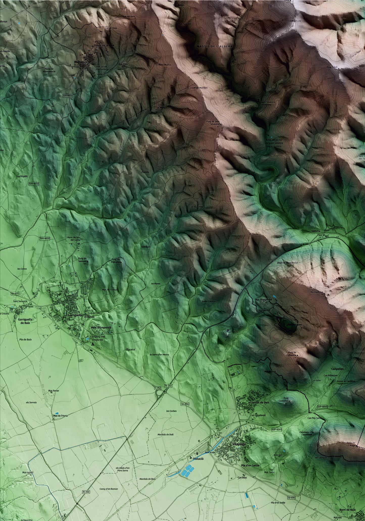 Mapa artístico del relieve de Pau, al Alt Empordà, con 15 km de entorno y base topográfica ICGC. Detalle de la zona superior izquierda.