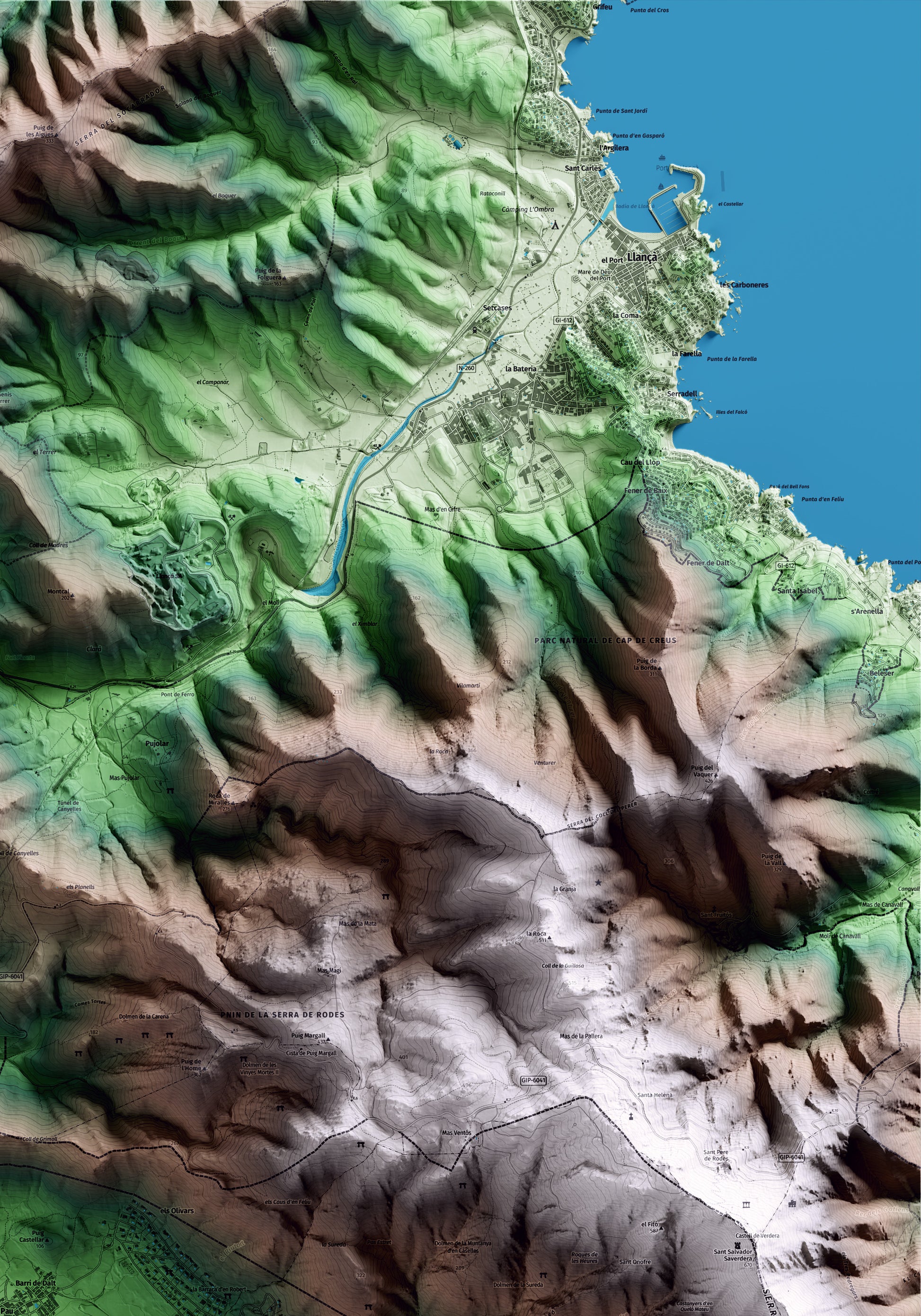 Mapa artístico del relieve de Pau, al Alt Empordà, con 15 km de entorno y base topográfica ICGC. Detalle de la zona superior derecha.