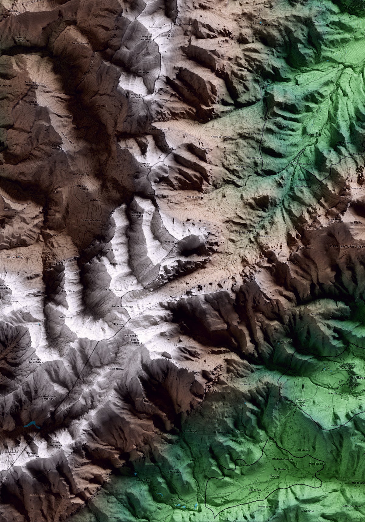 Mapa artístico del relieve de Paüls, al Baix Ebre, con 15 km de entorno y base topográfica ICGC. Detalle de la zona inferior izquierda.