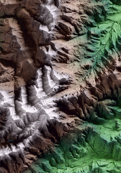 Mapa artístico del relieve de Paüls, al Baix Ebre, con 15 km de entorno y base topográfica ICGC. Detalle de la zona inferior izquierda.