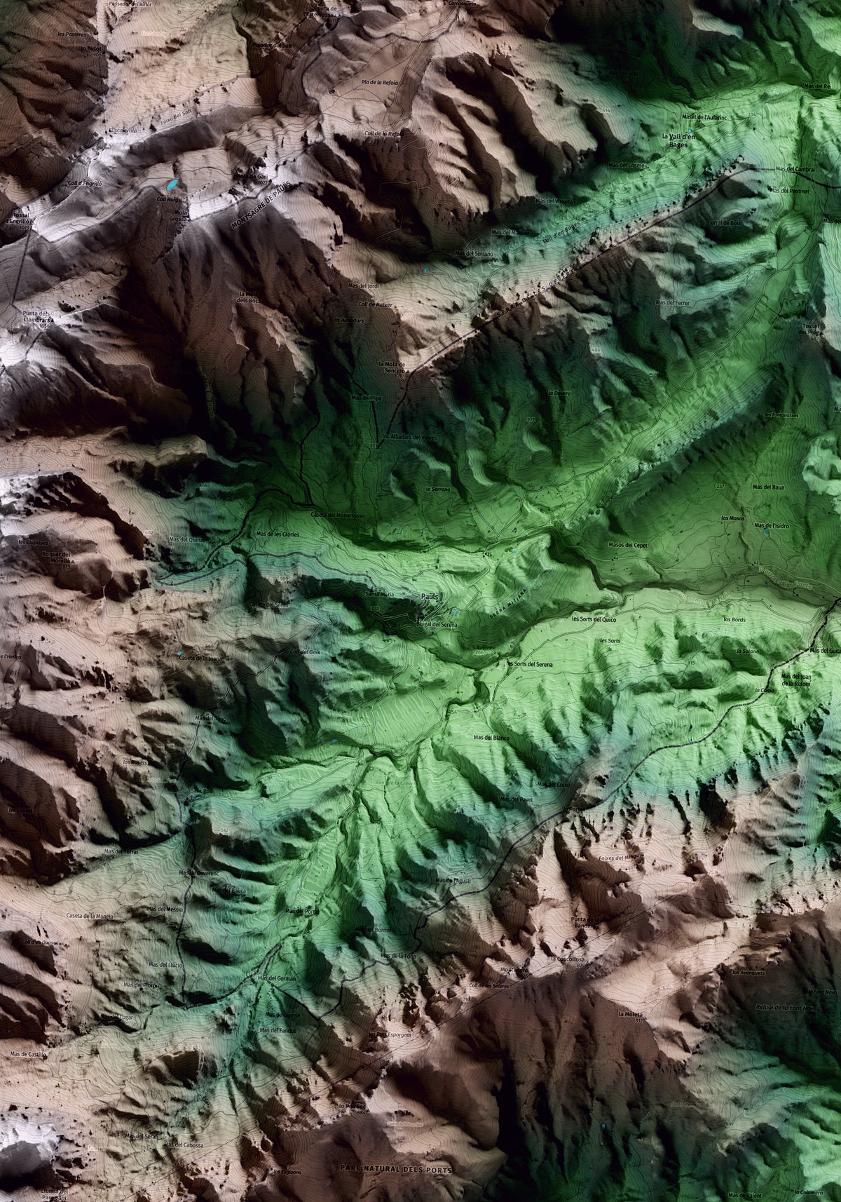 Mapa artístico del relieve de Paüls, al Baix Ebre, con 15 km de entorno y base topográfica ICGC. Detalle de la zona central.