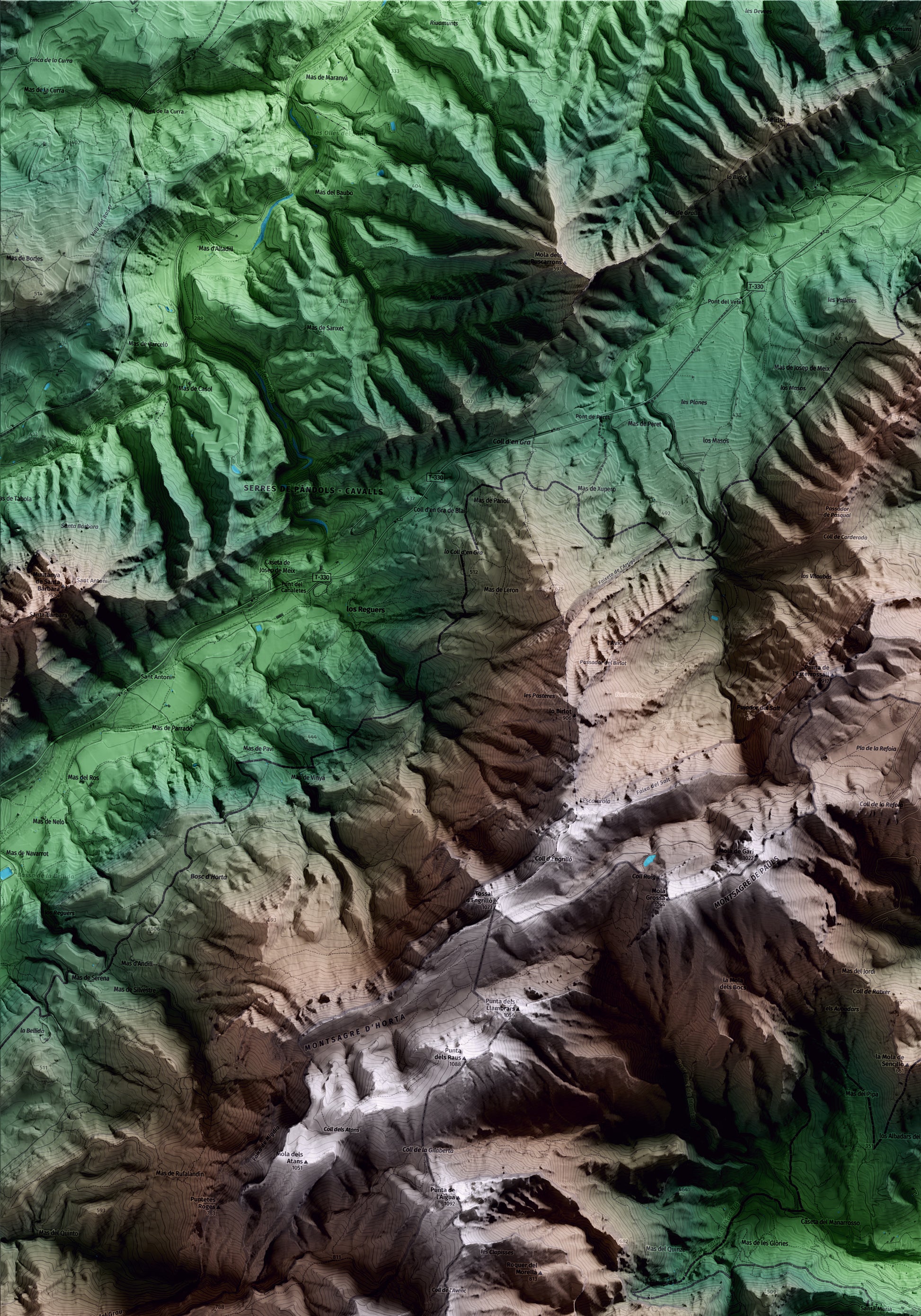 Mapa artístico del relieve de Paüls, al Baix Ebre, con 15 km de entorno y base topográfica ICGC. Detalle de la zona superior izquierda.