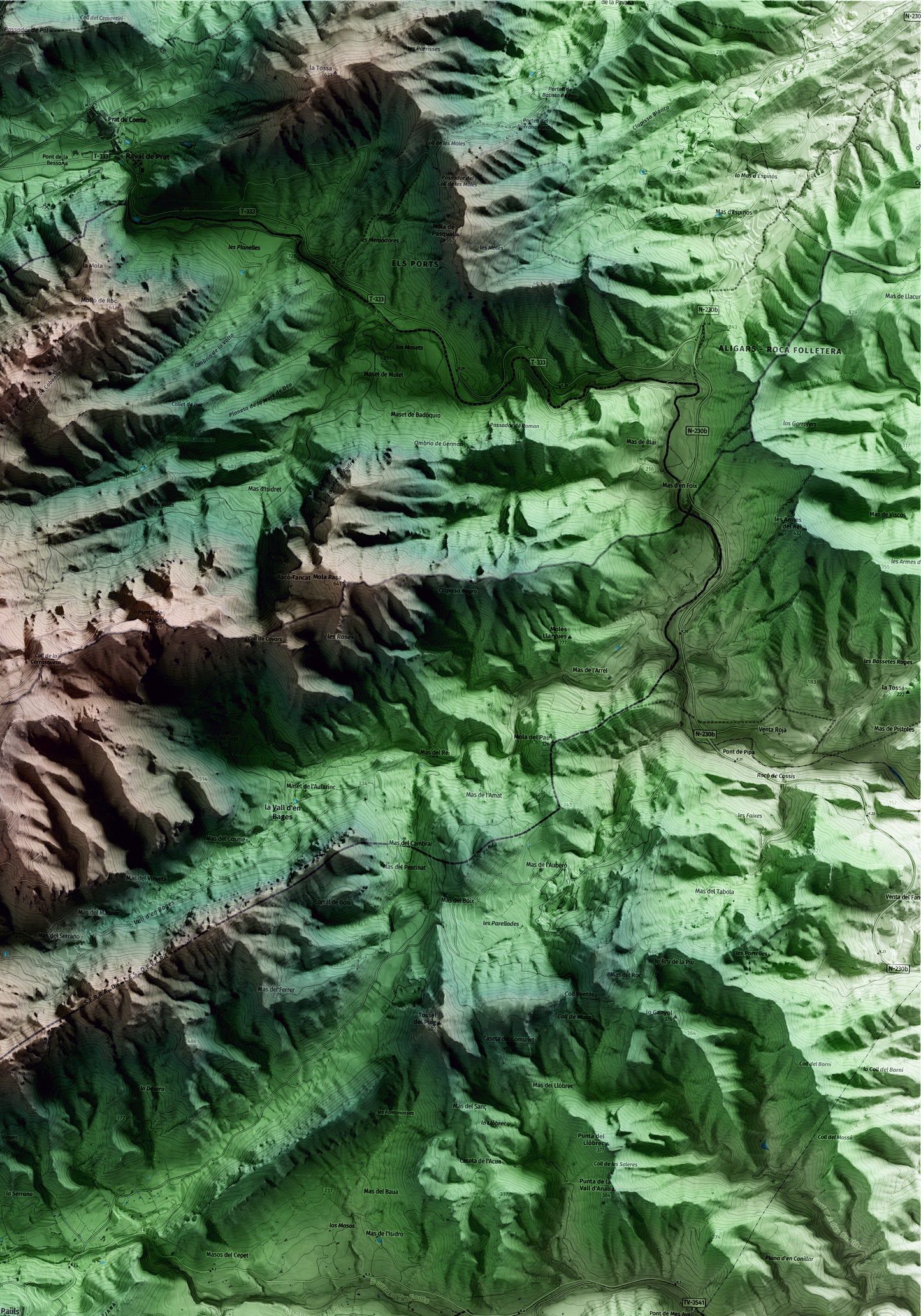 Mapa artístico del relieve de Paüls, al Baix Ebre, con 15 km de entorno y base topográfica ICGC. Detalle de la zona superior derecha.