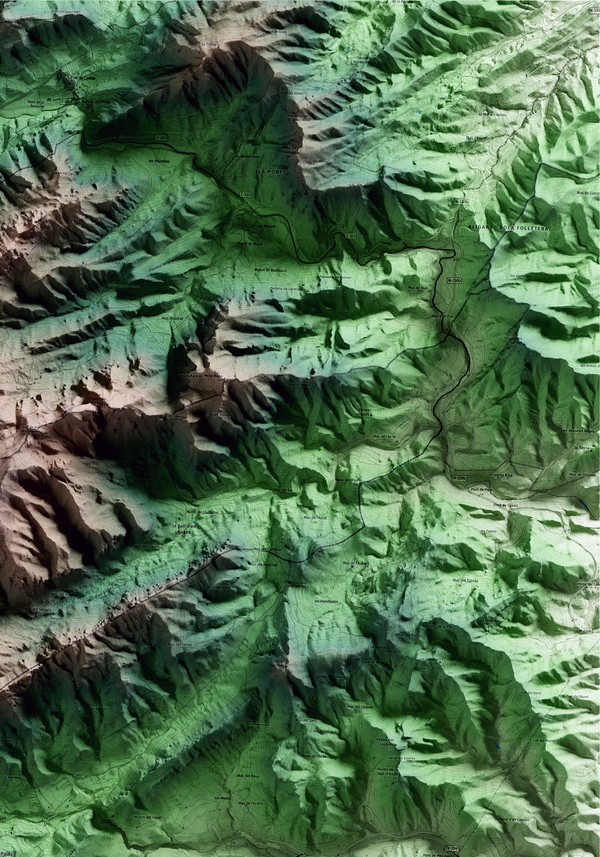 Mapa artístico del relieve de Paüls, al Baix Ebre, con 15 km de entorno y base topográfica ICGC. Detalle de la zona superior derecha.