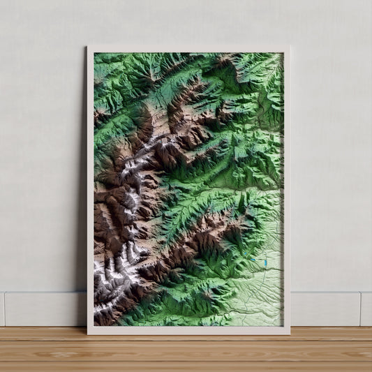 Mapa artístico del relieve de Paüls, al Baix Ebre, con 15 km de entorno y base topográfica ICGC. Presentación enmarcada.