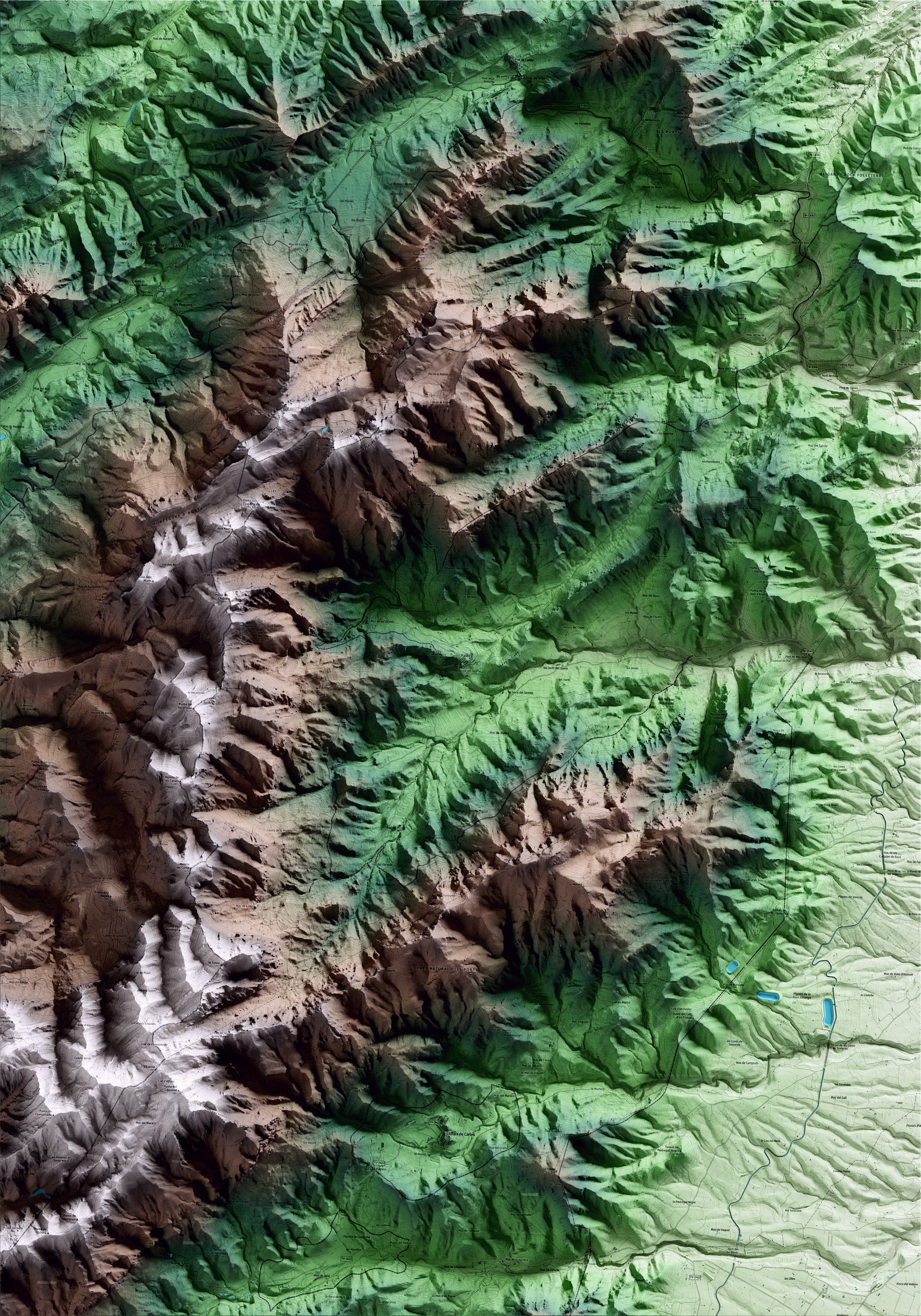 Mapa artístico del relieve de Paüls, al Baix Ebre, con 15 km de entorno y base topográfica ICGC
