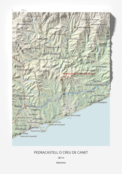Mapa de relieve de Pedracastell o Creu de Canet, 287 m, Maresme, lámina 100 Cims de Trobart 21 × 30 cm.