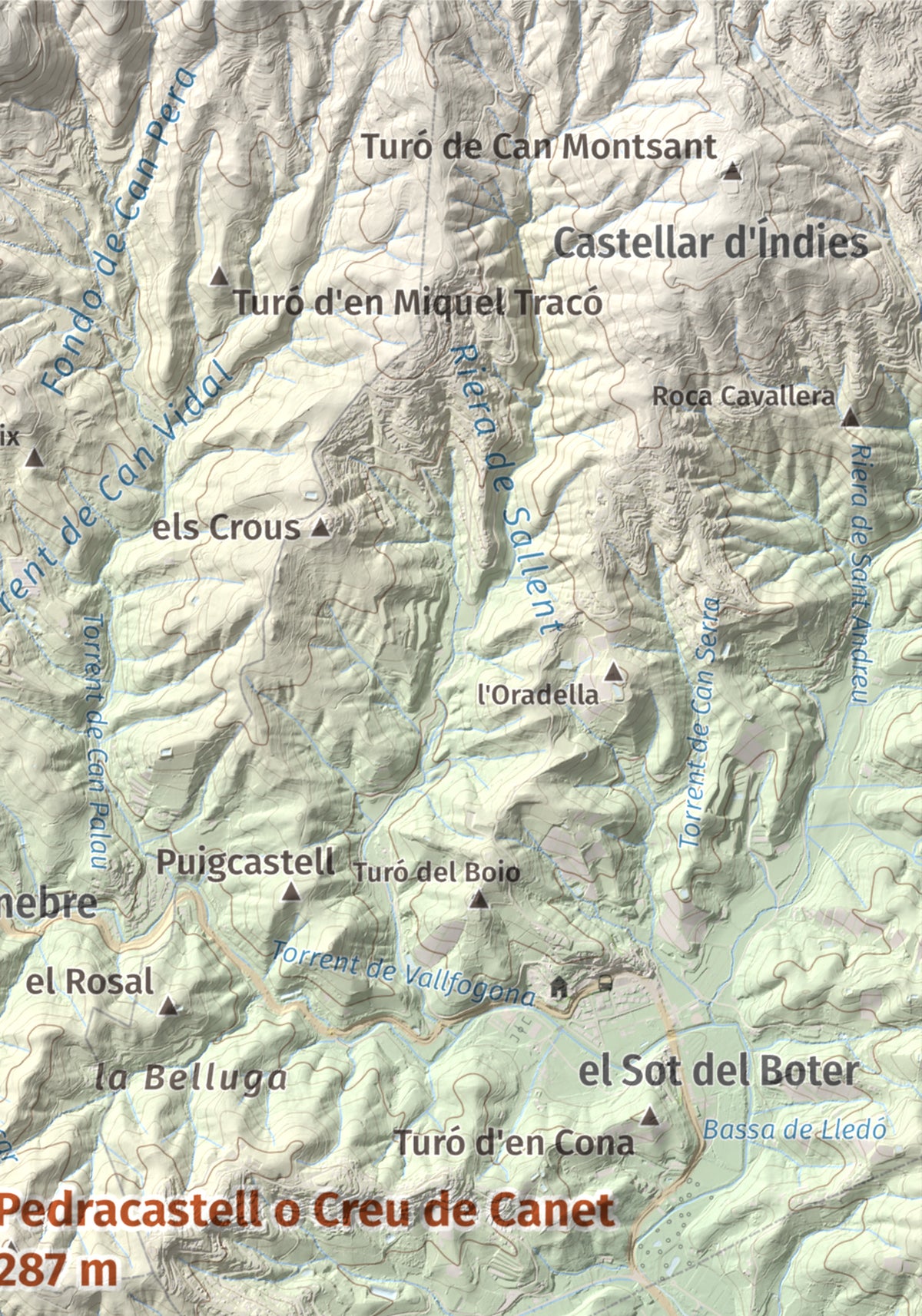 Mapa de relieve de Pedracastell o Creu de Canet, 287 m, Maresme, lámina 100 Cims de Trobart. Detalle de la zona superior derecha. 21 × 30 cm.