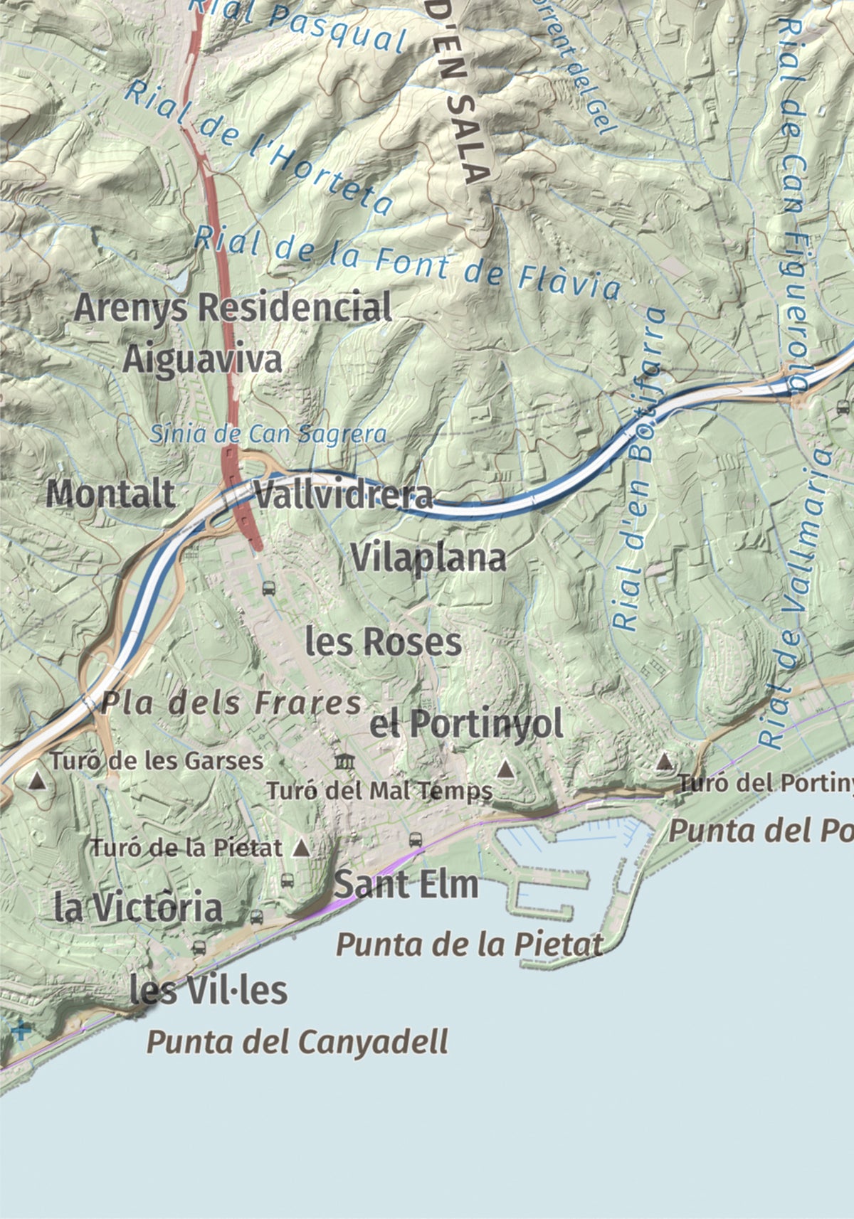 Mapa de relieve de Pedracastell o Creu de Canet, 287 m, Maresme, lámina 100 Cims de Trobart. Detalle de la zona inferior izquierda. 21 × 30 cm.
