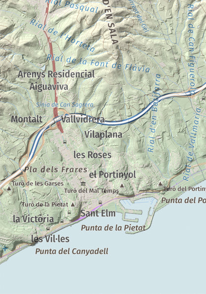 Mapa de relieve de Pedracastell o Creu de Canet, 287 m, Maresme, lámina 100 Cims de Trobart. Detalle de la zona inferior izquierda. 21 × 30 cm.