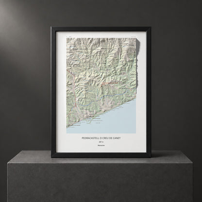 Mapa de relieve de Pedracastell o Creu de Canet, 287 m, Maresme, lámina 100 Cims de Trobart. Presentación enmarcada. 30 × 40 cm.
