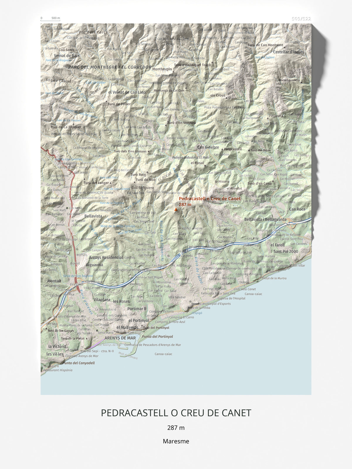 Mapa de relieve de Pedracastell o Creu de Canet, 287 m, Maresme, lámina 100 Cims de Trobart 30 × 40 cm.