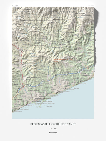 Mapa de relieve de Pedracastell o Creu de Canet, 287 m, Maresme, lámina 100 Cims de Trobart 30 × 40 cm.