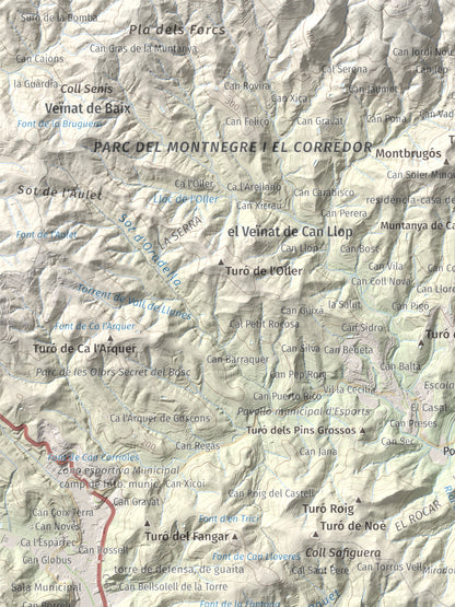 Mapa de relieve de Pedracastell o Creu de Canet, 287 m, Maresme, lámina 100 Cims de Trobart. Detalle de la zona superior izquierda. 30 × 40 cm.