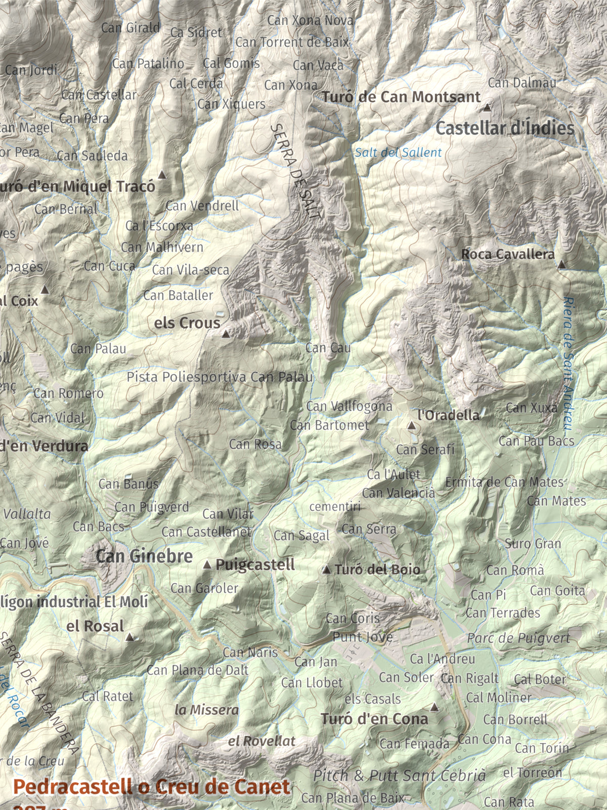 Mapa de relieve de Pedracastell o Creu de Canet, 287 m, Maresme, lámina 100 Cims de Trobart. Detalle de la zona superior derecha. 30 × 40 cm.