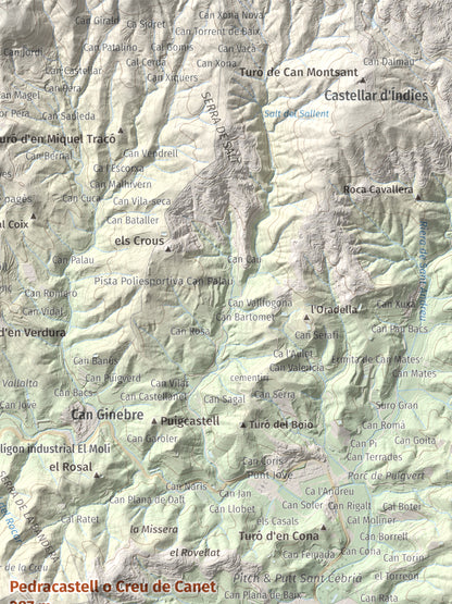 Mapa de relieve de Pedracastell o Creu de Canet, 287 m, Maresme, lámina 100 Cims de Trobart. Detalle de la zona superior derecha. 30 × 40 cm.