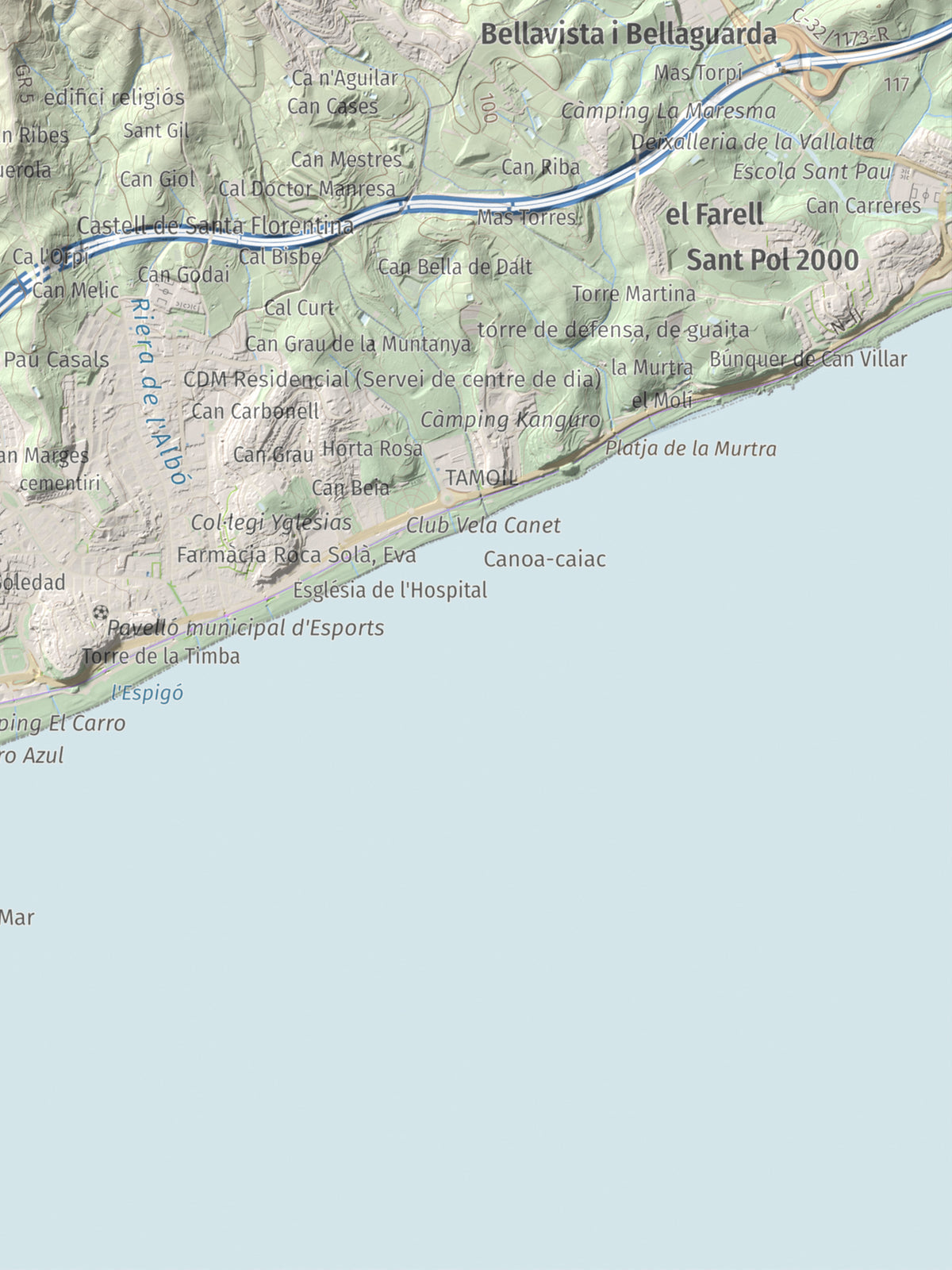 Mapa de relieve de Pedracastell o Creu de Canet, 287 m, Maresme, lámina 100 Cims de Trobart. Detalle de la zona inferior derecha. 30 × 40 cm.