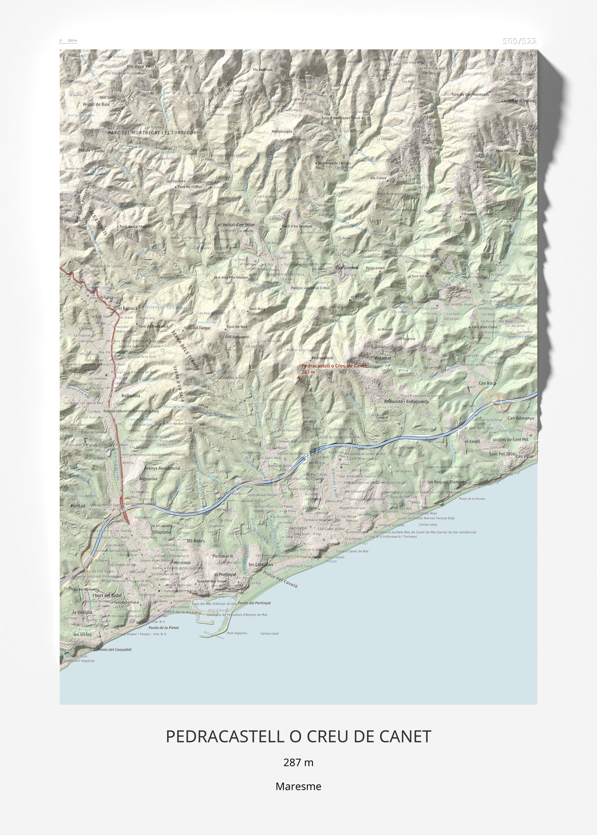 Mapa de relieve de Pedracastell o Creu de Canet, 287 m, Maresme, lámina 100 Cims de Trobart 50 × 70 cm.