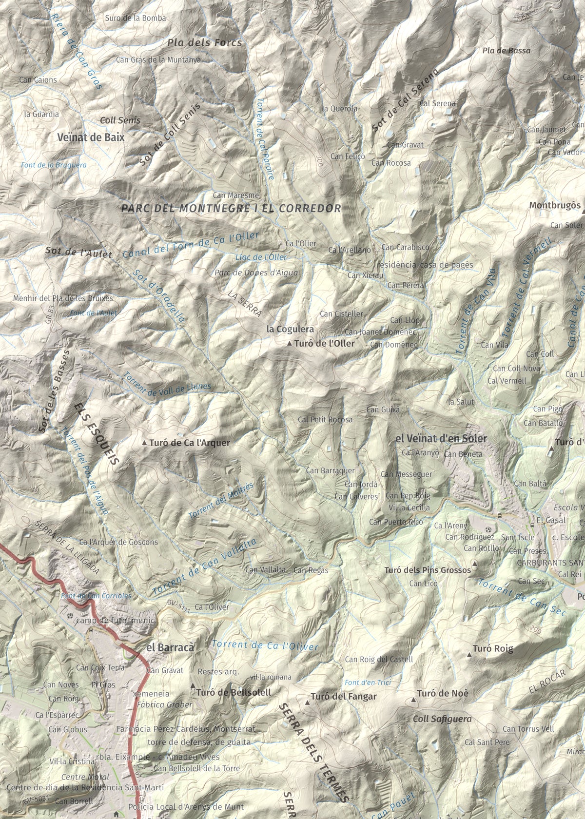 Mapa de relieve de Pedracastell o Creu de Canet, 287 m, Maresme, lámina 100 Cims de Trobart. Detalle de la zona superior izquierda. 50 × 70 cm.