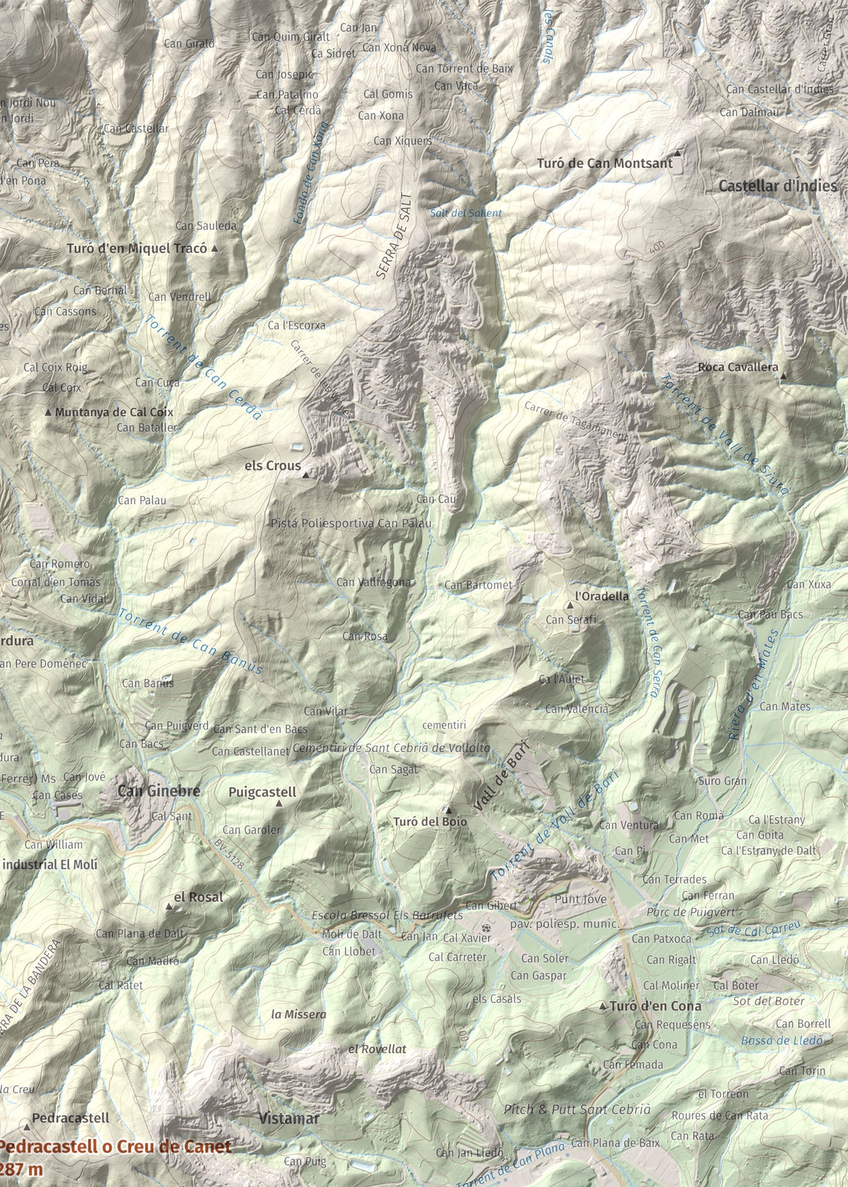 Mapa de relieve de Pedracastell o Creu de Canet, 287 m, Maresme, lámina 100 Cims de Trobart. Detalle de la zona superior derecha. 50 × 70 cm.