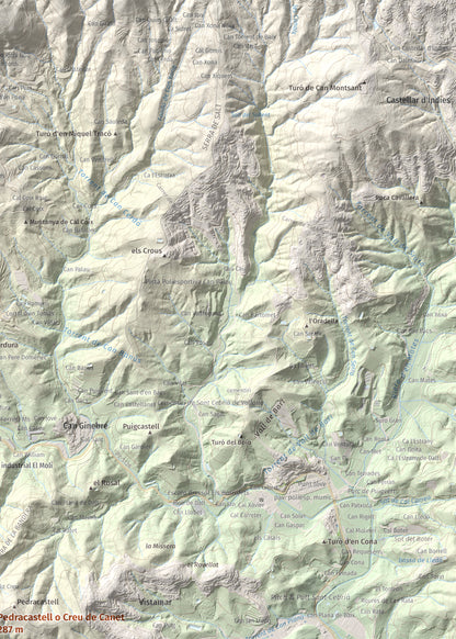 Mapa de relieve de Pedracastell o Creu de Canet, 287 m, Maresme, lámina 100 Cims de Trobart. Detalle de la zona superior derecha. 50 × 70 cm.
