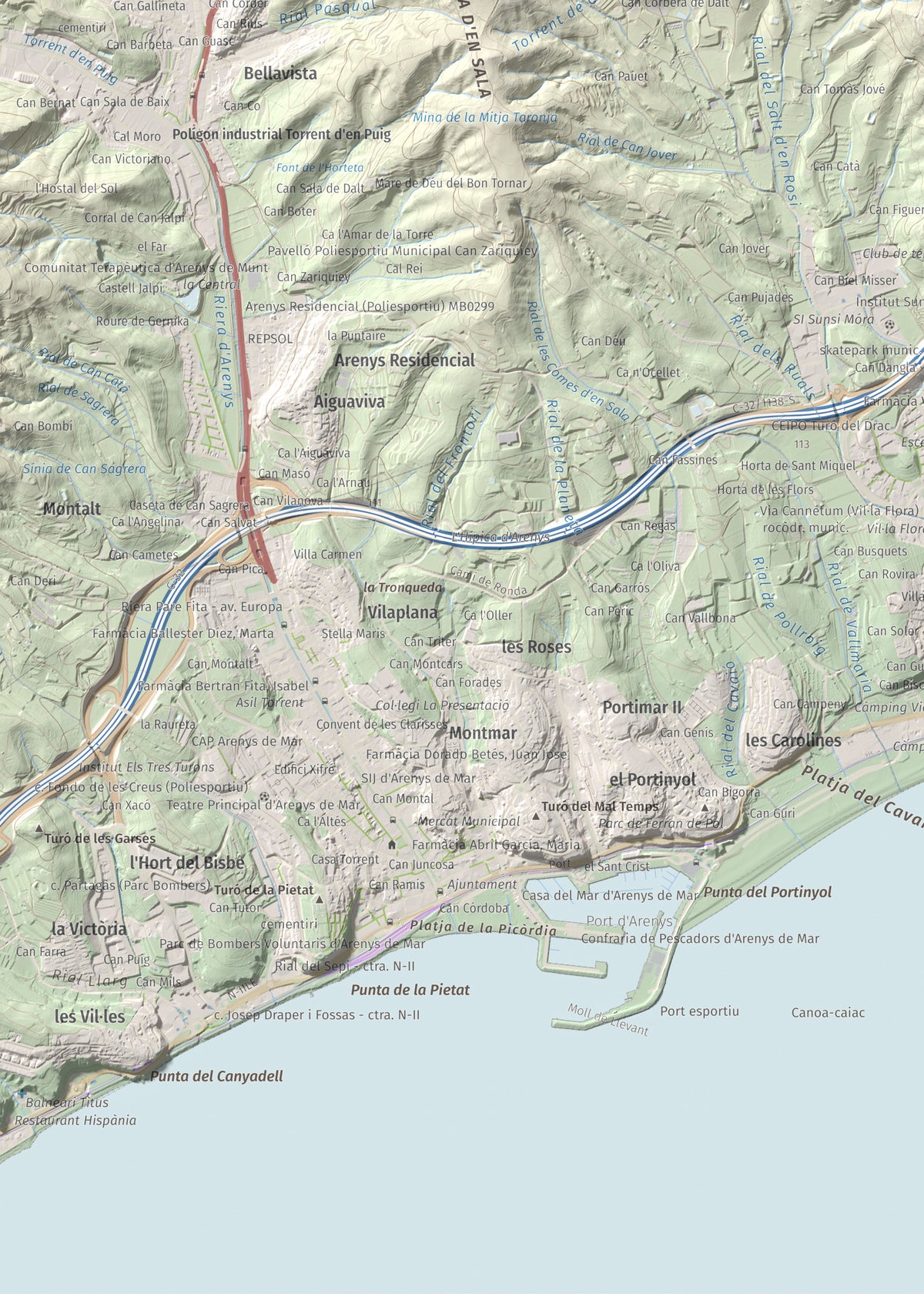 Mapa de relieve de Pedracastell o Creu de Canet, 287 m, Maresme, lámina 100 Cims de Trobart. Detalle de la zona inferior izquierda. 50 × 70 cm.