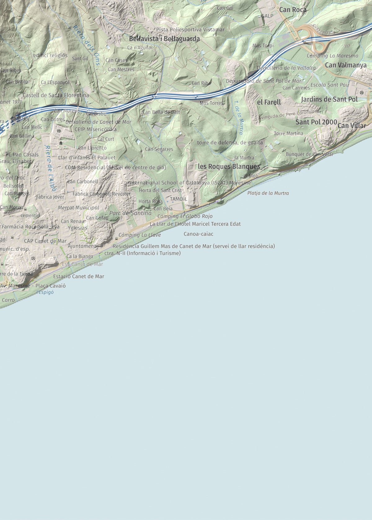 Mapa de relieve de Pedracastell o Creu de Canet, 287 m, Maresme, lámina 100 Cims de Trobart. Detalle de la zona inferior derecha. 50 × 70 cm.