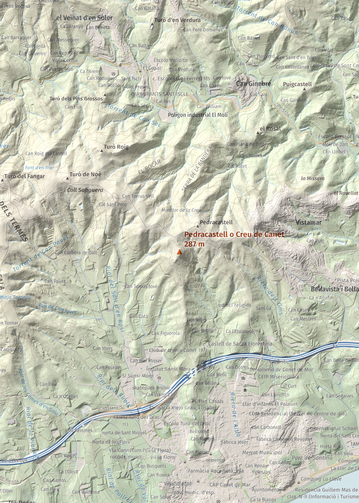 Mapa de relieve de Pedracastell o Creu de Canet, 287 m, Maresme, lámina 100 Cims de Trobart. Detalle de la zona central. 50 × 70 cm.