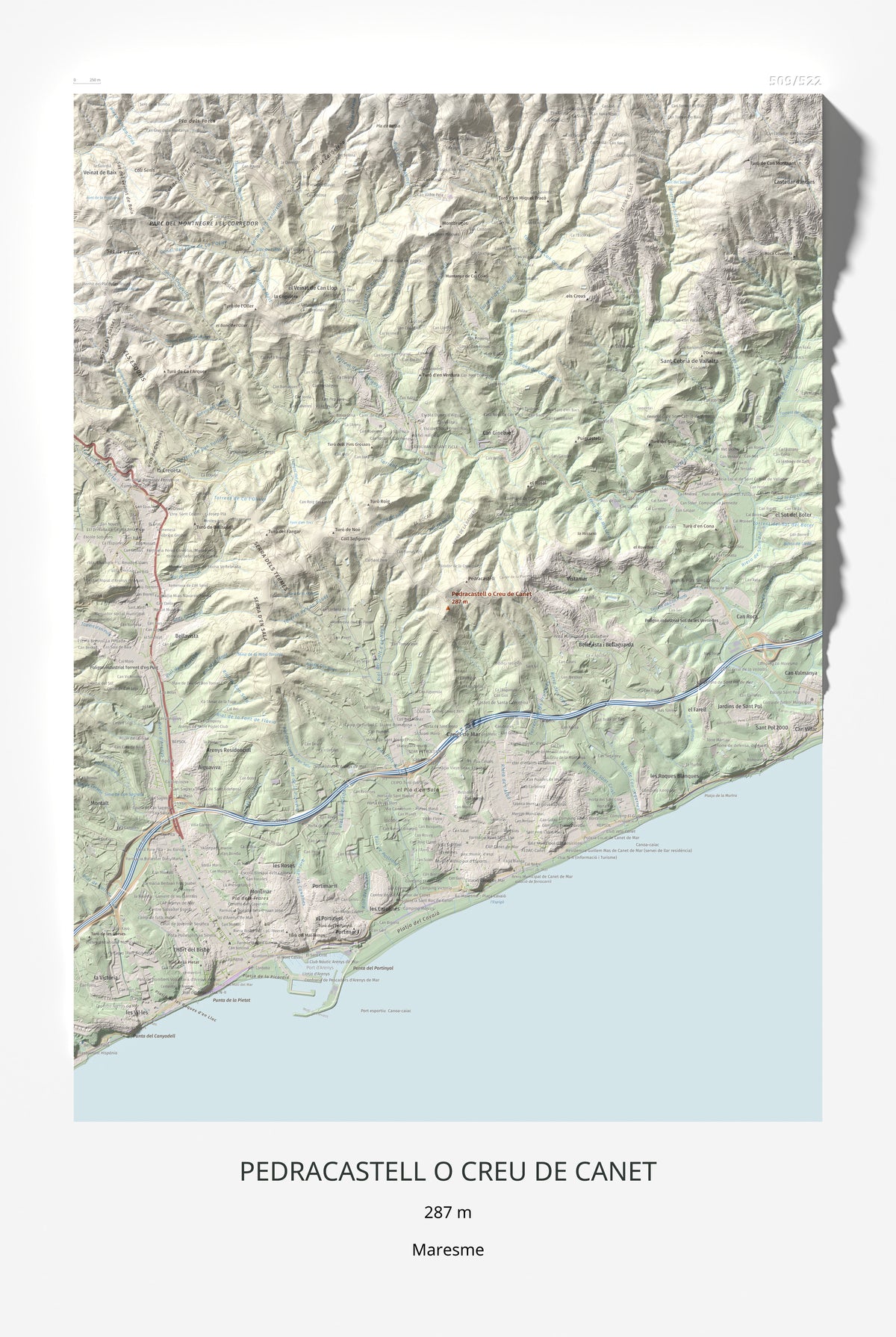 Mapa de relieve de Pedracastell o Creu de Canet, 287 m, Maresme, lámina 100 Cims de Trobart 61 × 91 cm.